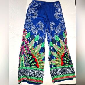 Valerie Stevens Palazzo Wide Leg Pants Blue Tropical Print